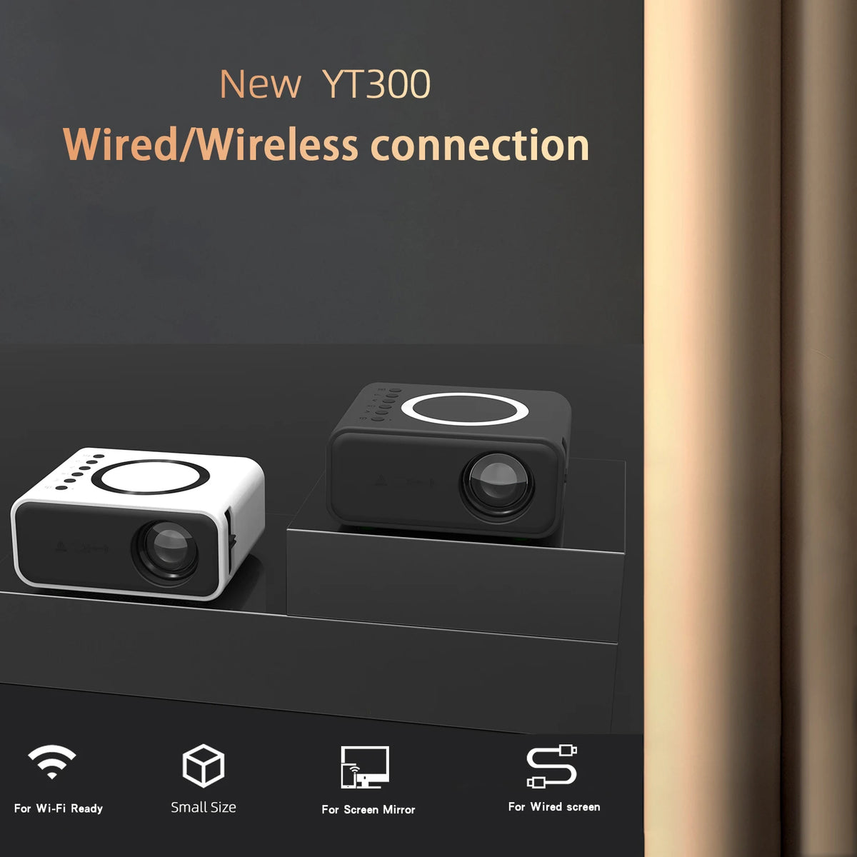 YT300 Mini Projector for Commercial Office, Home Cinema, Portable, Intelligent Outdoor, LED Full HD, Portable and Mobile Project